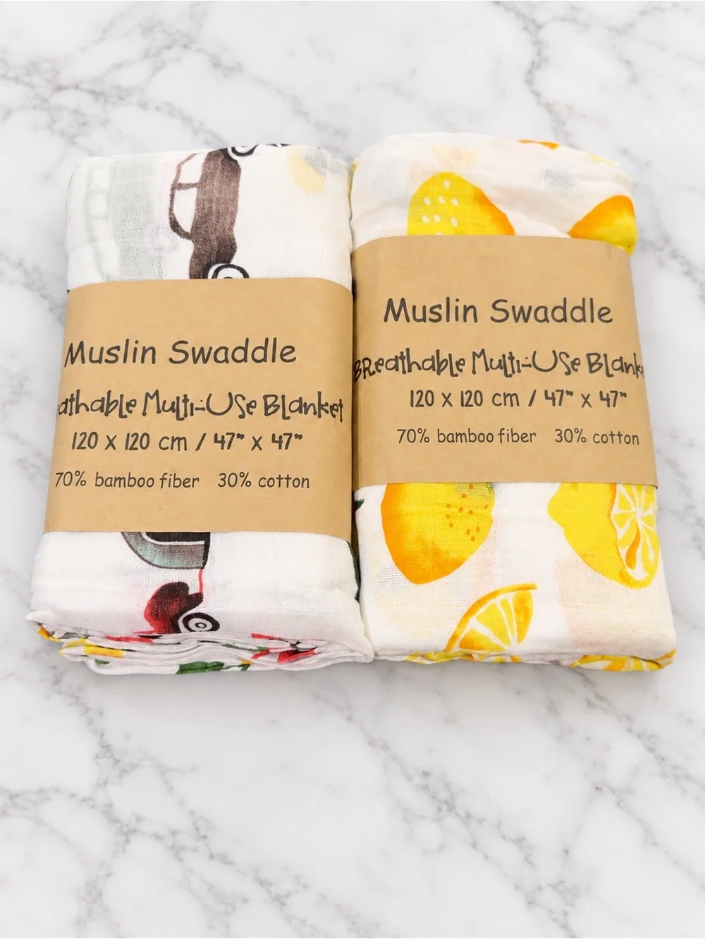 2 Pack Bamboo Cotton Muslin Swaddle Blankets 47x47 Cars & Lemons